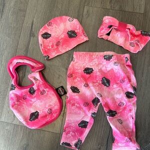 Harley-Davidson 3/6m Pink Baby Set - Hat, Bib, Pants & Headband